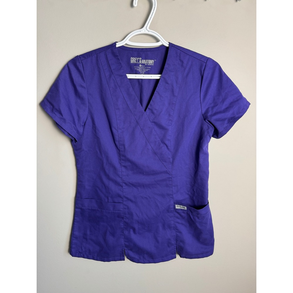Grey's Anatomy Womens Purple Mock Wrap Scrub Top XS Medical Nursing Uniform